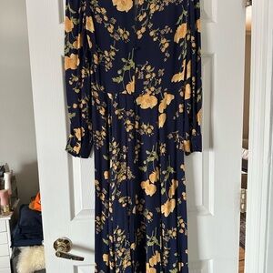 Reformation Navy and Gold Floral Long Sleeve Dress